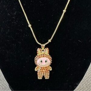 Labubu Monsters Pendant Necklace Red Crystals and Gold Chain 16” + 2”